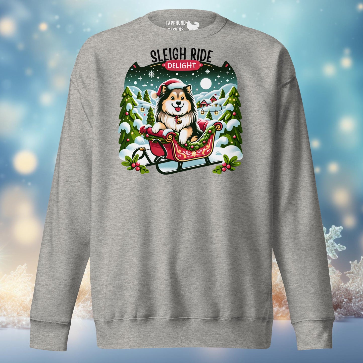 Sleigh Ride Delight Finnish Lapphund Holiday Sweatshirt featuring a festive Lapphund in a sleigh, ideal for winter celebrations.