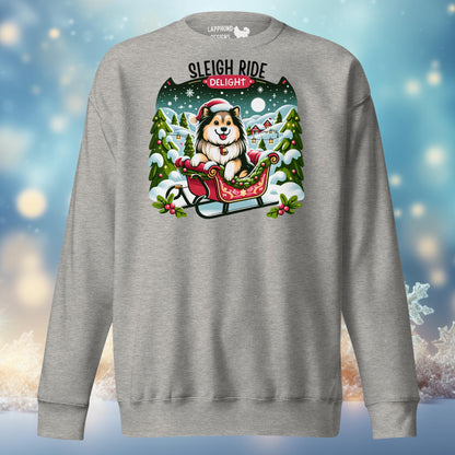 Sleigh Ride Delight Finnish Lapphund Holiday Sweatshirt featuring a festive Lapphund in a sleigh, ideal for winter celebrations.