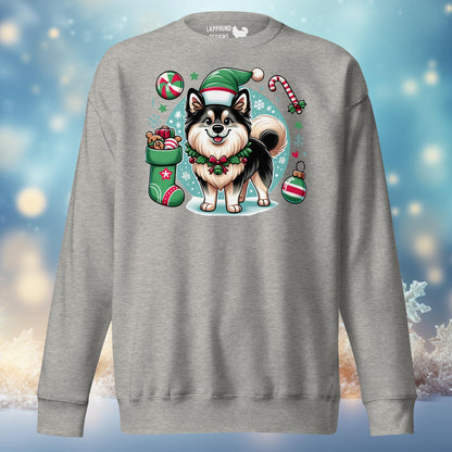 Festive Joy Finnish Lapphund Christmas sweatshirt featuring a cheerful Finnish Lapphund surrounded by holiday decor, perfect for seasonal celebrations.