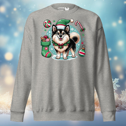 Festive Joy Finnish Lapphund Christmas sweatshirt featuring a cheerful Finnish Lapphund surrounded by holiday decor, perfect for seasonal celebrations.