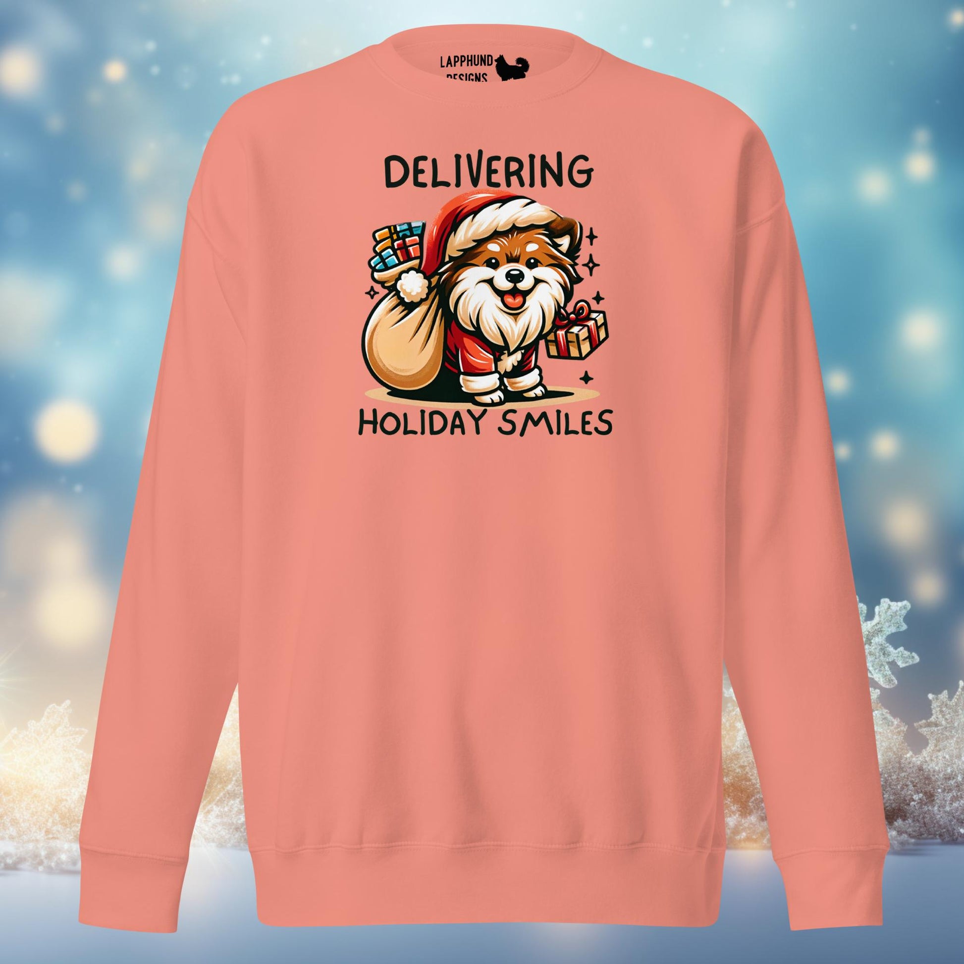 Delivering Holiday Smiles Finnish Lapphund Christmas Sweatshirt featuring a Lapphund dressed as Santa with festive gifts.