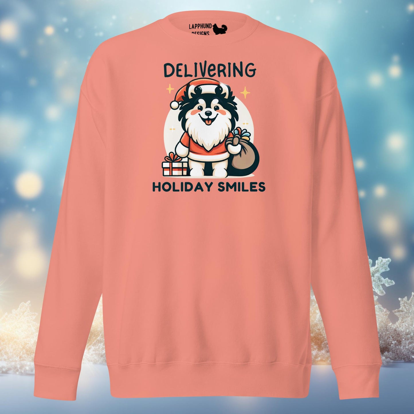 Delivering Holiday Smiles Finnish Lapphund Christmas sweatshirt featuring a Lapphund dressed as Santa with a sack of presents, ideal for holiday celebrations.