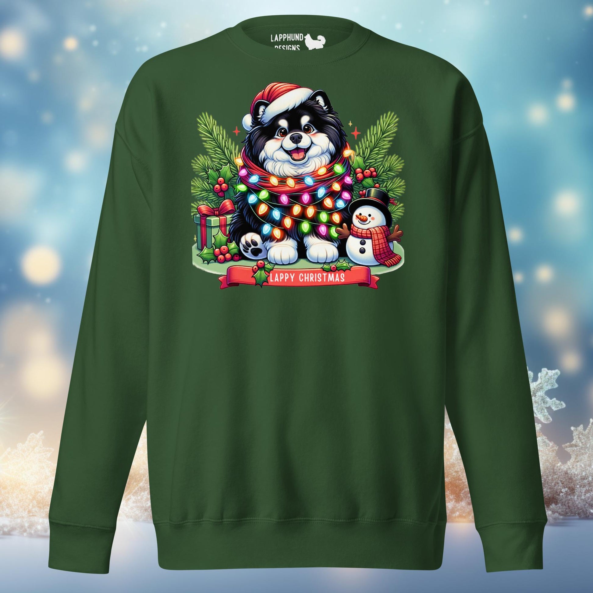 Happy Christmas Lapphund sweatshirt featuring a festive holiday scene with a Finnish Lapphund, ideal for cozy holiday moments.