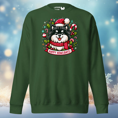 Happy Howlidays Finnish Lapphund Christmas sweater featuring a festive Lapphund with holiday decorations, ideal for celebrating the season.