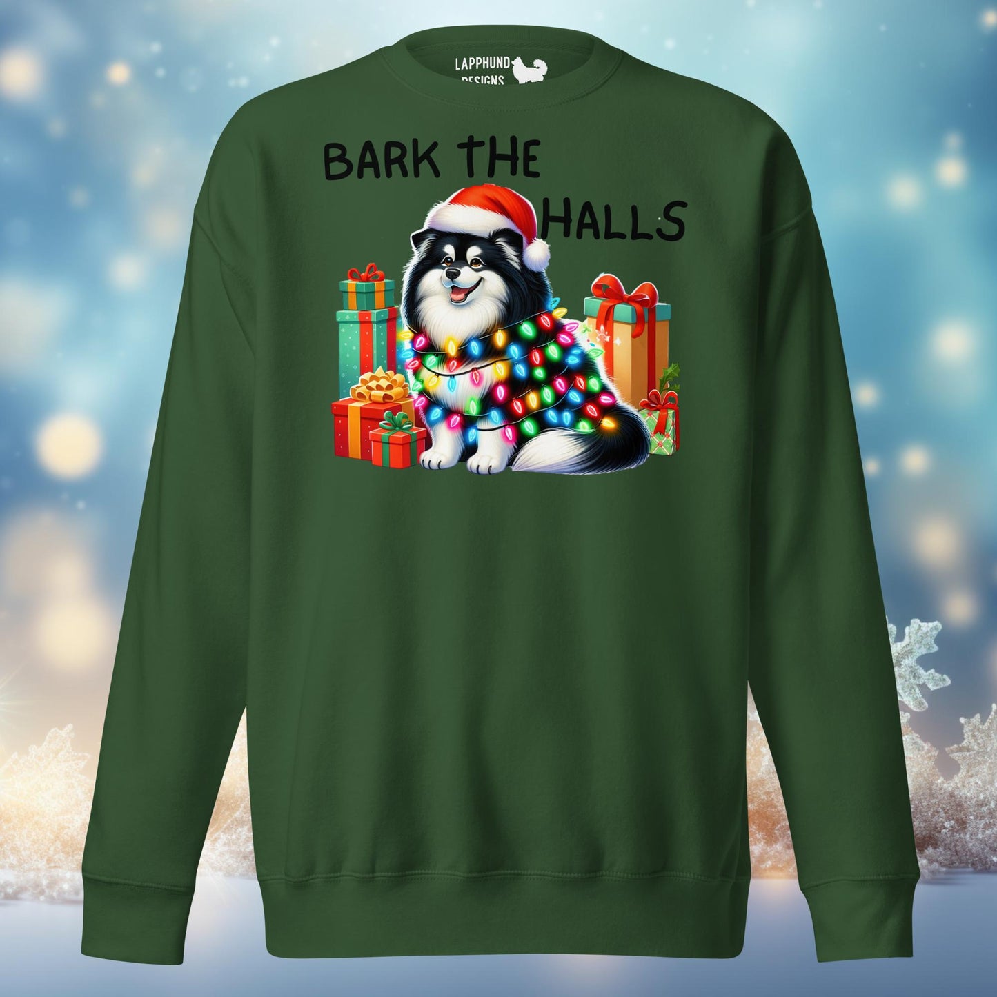 Bark the Halls Finnish Lapphund Christmas sweatshirt featuring a Lapphund wrapped in festive lights with Christmas gifts, perfect for holiday celebrations.