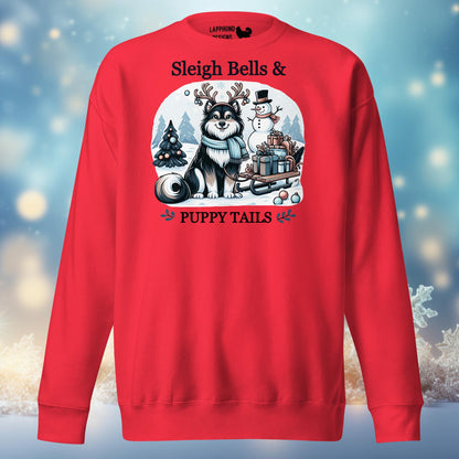 Sleigh Bells & Puppy Tails Lapphund Christmas sweatshirt featuring a Finnish Lapphund with reindeer antlers and a snowman in a winter scene.