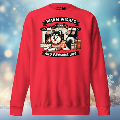 Warm Wishes and Pawsome Joy Finnish Lapphund Christmas sweatshirt featuring a Lapphund by a festive fireplace, ideal for holiday celebrations.