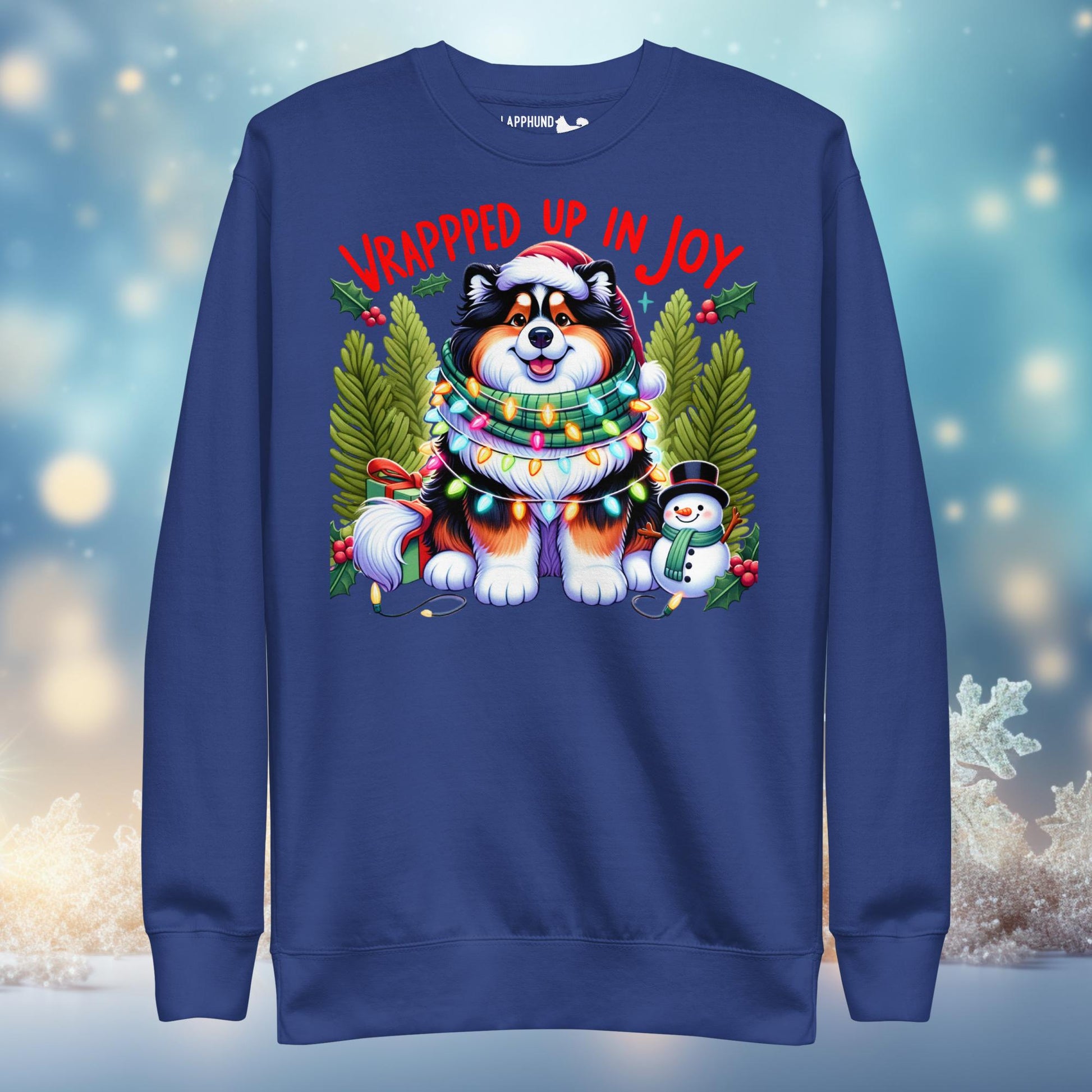 Rein-Dog Spirit Finnish Lapphund Holiday Sweatshirt featuring a festive Lapphund with a snowman, ideal for Christmas celebrations.