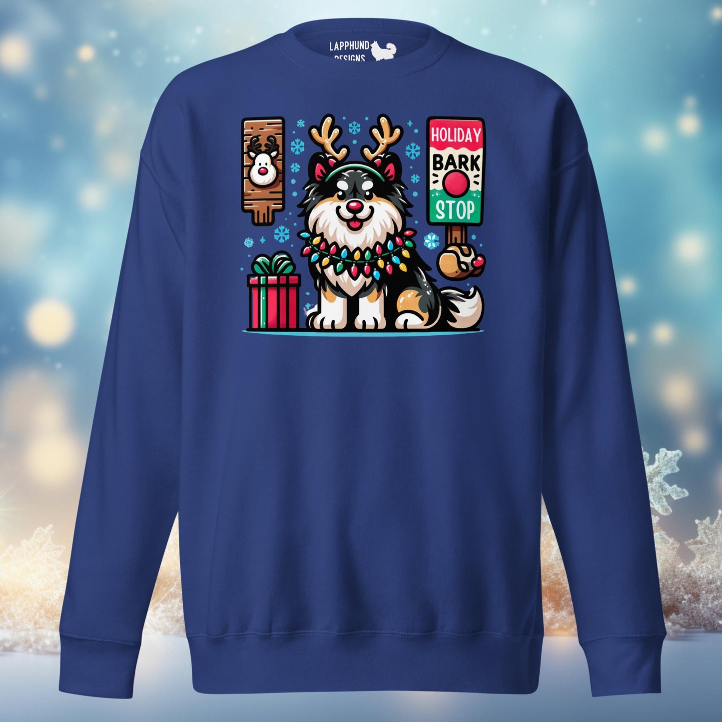 Holiday Bark & Stop Finnish Lapphund Christmas sweatshirt featuring a festive Lapphund with reindeer antlers and holiday lights.