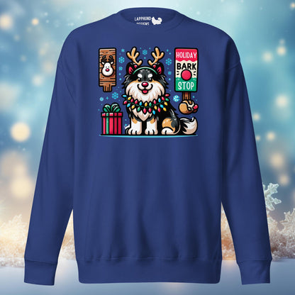 Holiday Bark & Stop Finnish Lapphund Christmas sweatshirt featuring a festive Lapphund with reindeer antlers and holiday lights.