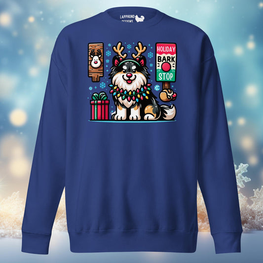 Holiday Bark & Stop Finnish Lapphund Christmas sweatshirt featuring a festive Lapphund with reindeer antlers and holiday lights.