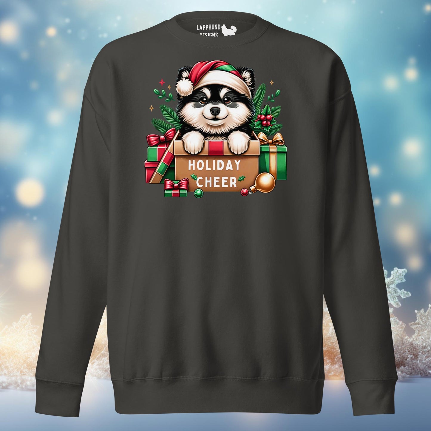 Holiday Cheer Finnish Lapphund sweatshirt featuring a festive Lapphund with holiday gifts and décor, perfect for winter celebrations.