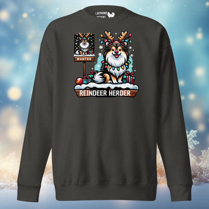 Reindeer Herder Finnish Lapphund Christmas sweatshirt featuring a festive dog with presents, ideal for holiday cheer.