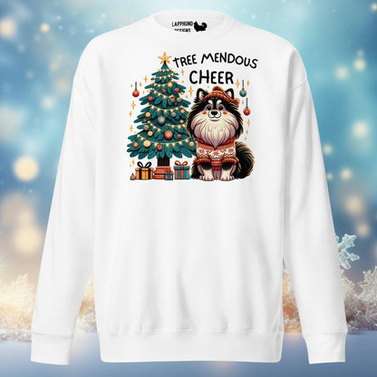 Tree-Mendous Cheer Finnish Lapphund holiday sweatshirt featuring a Lapphund and Christmas tree, perfect for cozy winter wear.