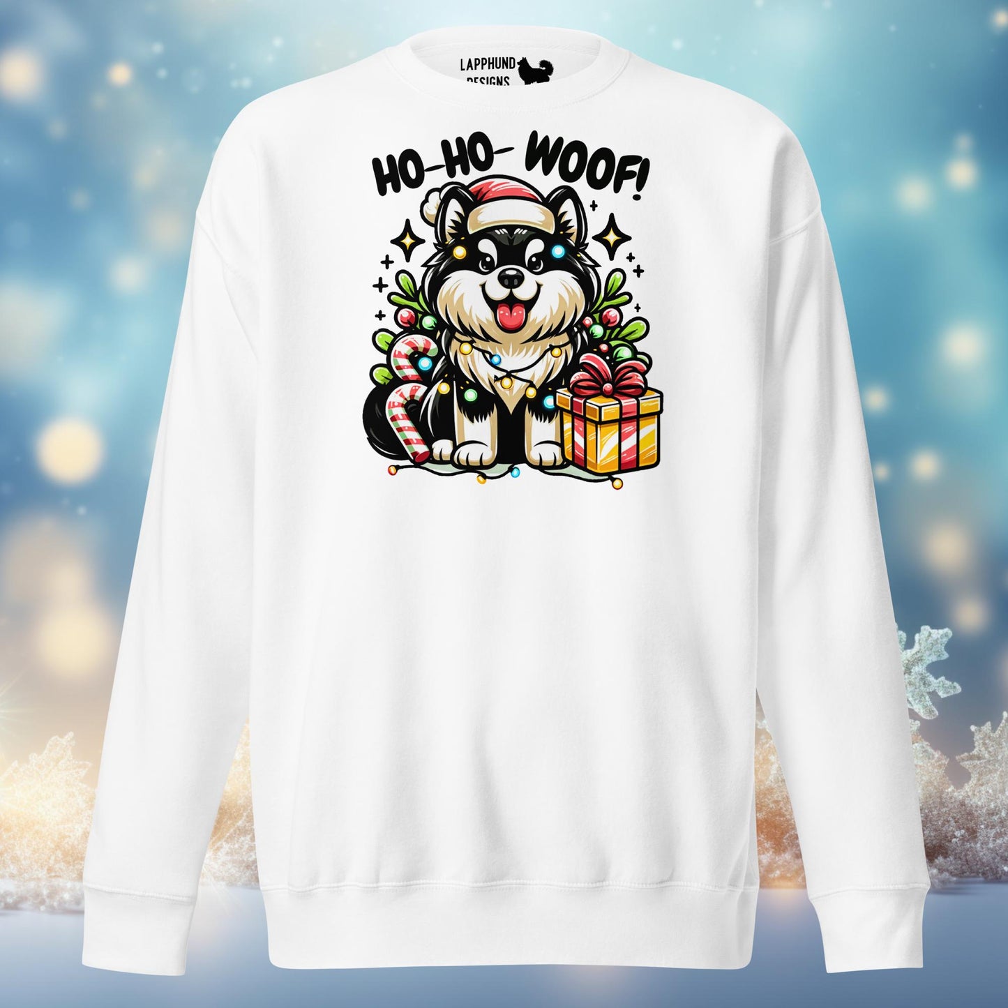 Ho-Ho-Woof Finnish Lapphund Holiday Sweatshirt featuring a festive Finnish Lapphund surrounded by lights and gifts, perfect for Christmas celebrations.