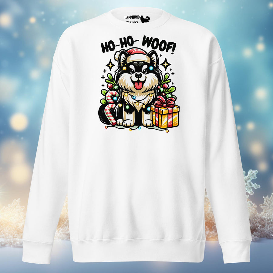 Ho-Ho-Woof Finnish Lapphund Holiday Sweatshirt featuring a festive Finnish Lapphund surrounded by lights and gifts, perfect for Christmas celebrations.