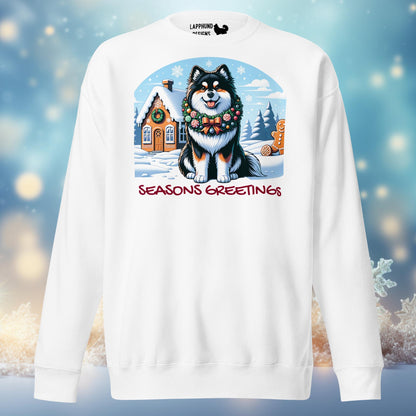 Season's Greetings Finnish Lapphund Christmas sweatshirt featuring a festive Lapphund with a winter cottage backdrop, perfect for holiday celebrations.