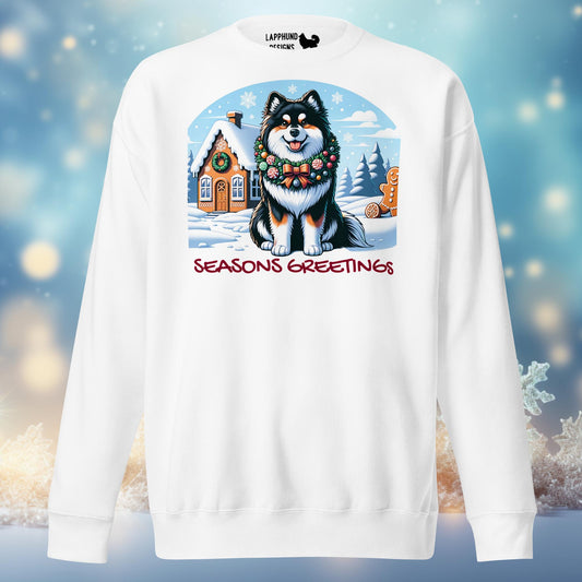 Season's Greetings Finnish Lapphund Christmas sweatshirt featuring a festive Lapphund with a winter cottage backdrop, perfect for holiday celebrations.