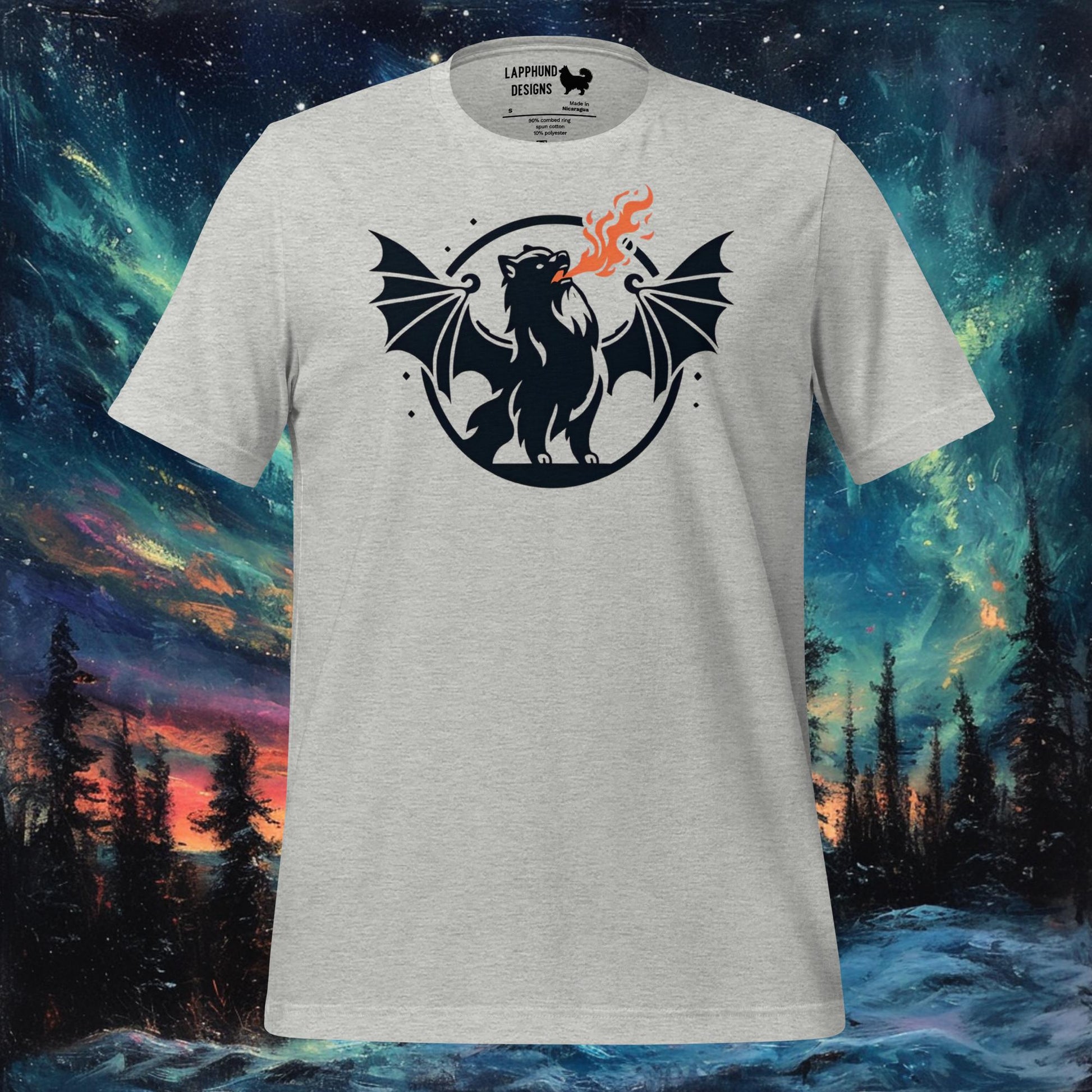 Athletic Heather t-shirt featuring a Finnish Lapphund with dragon wings breathing fire, perfect for Halloween and dog lovers.