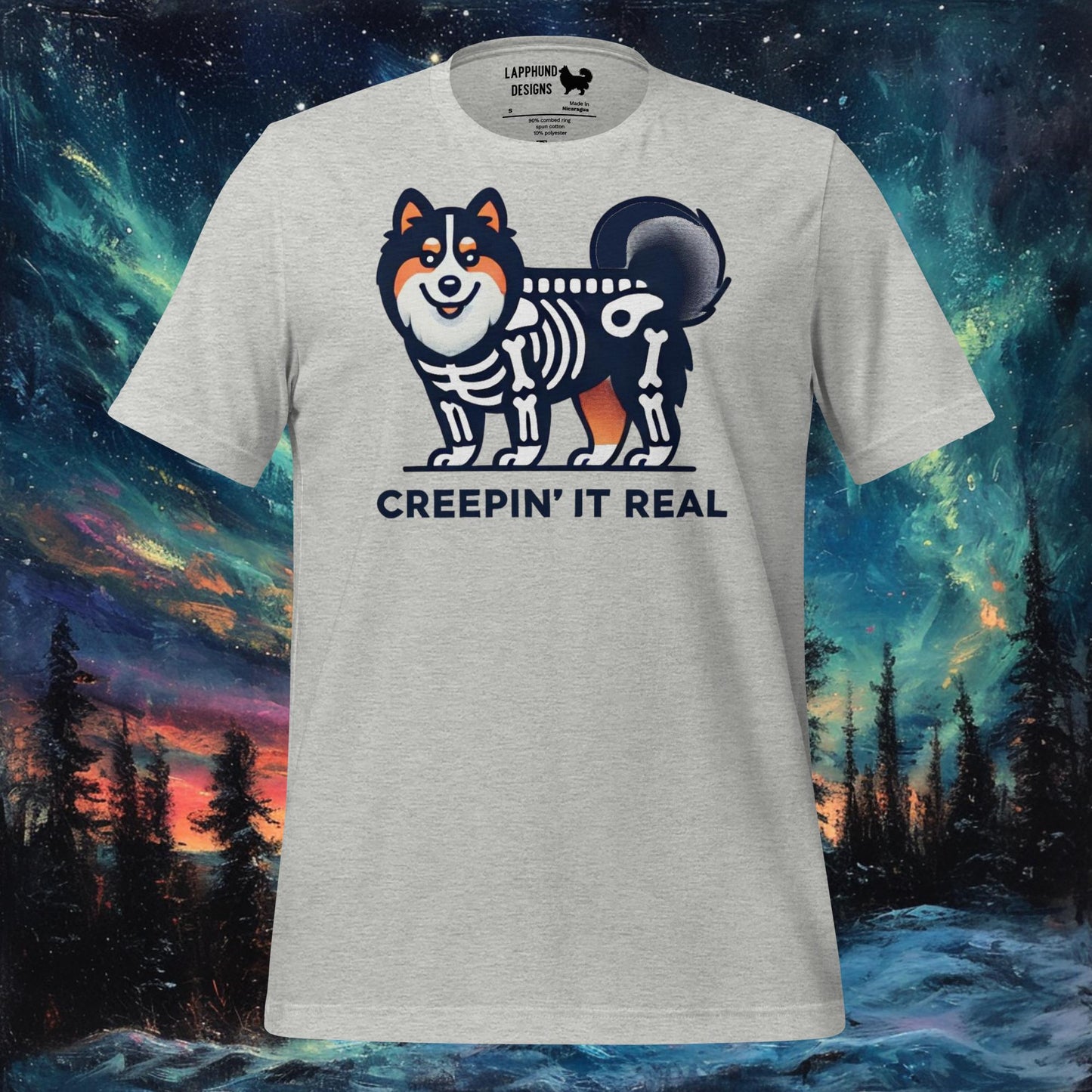 Creepin' It Real T-paita – Suomen lapinkoiran luuranko Halloween Design