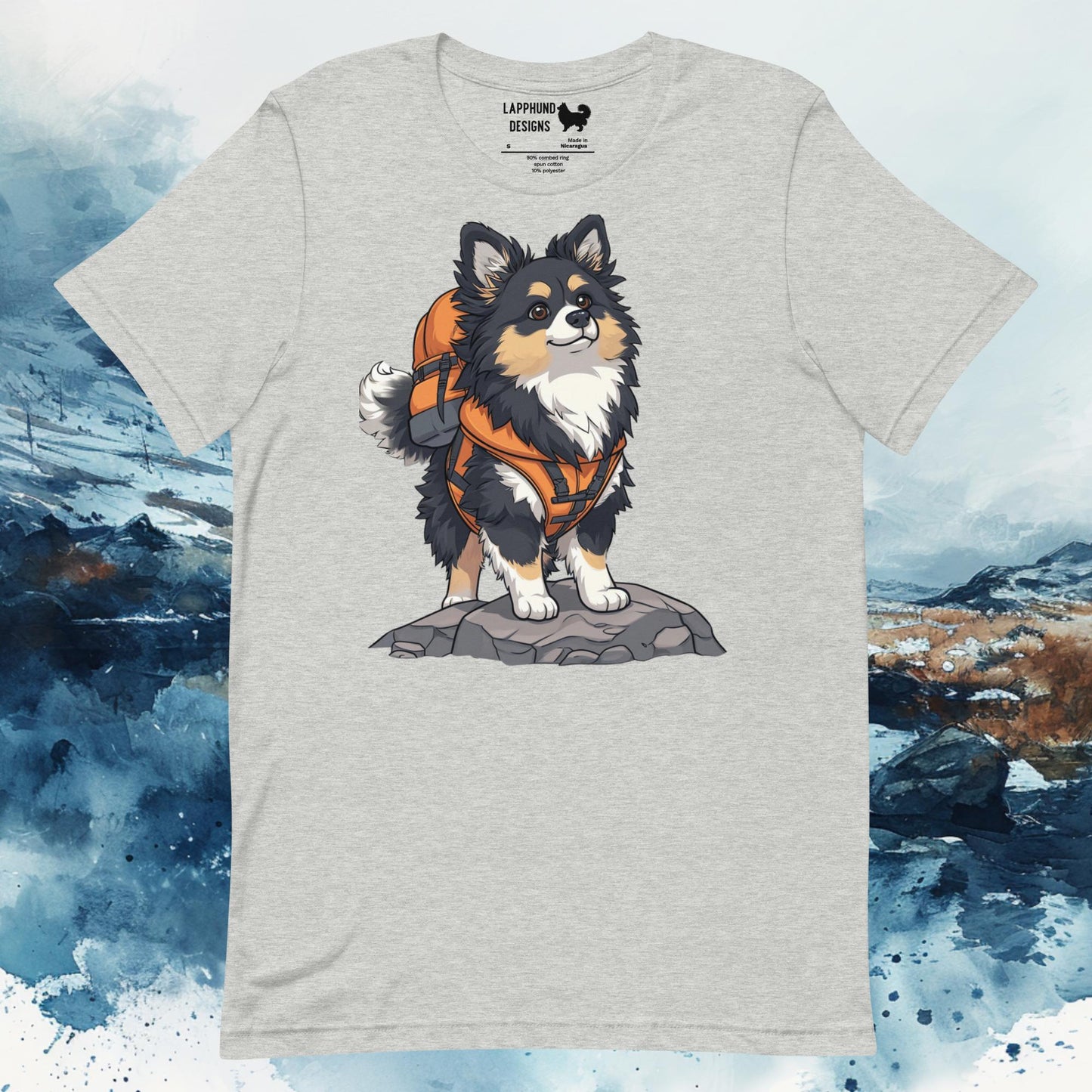 Hiking Hero Lapphund T-Shirt – Finnish Lapphund Adventure Backpack Design