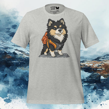 T-shirt featuring a Finnish Lapphund in an adventure-inspired design, perfect for mountain and nature-loving dog owners.