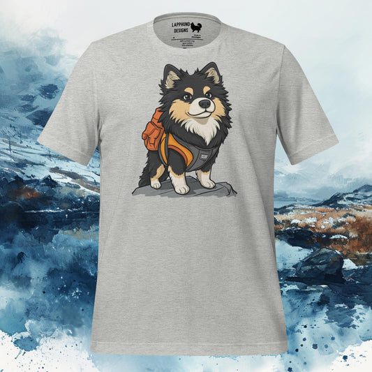 T-shirt featuring a Finnish Lapphund in an adventure-inspired design, perfect for mountain and nature-loving dog owners.