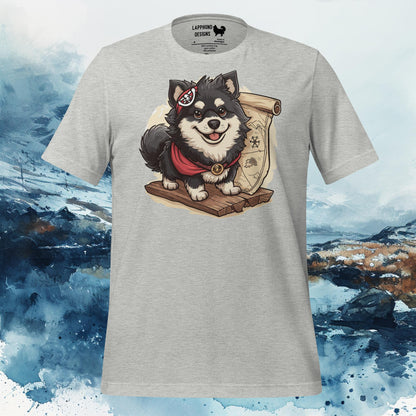 T-shirt featuring a Finnish Lapphund with a map and compass, perfect for nature-loving and adventure-seeking dog owners.