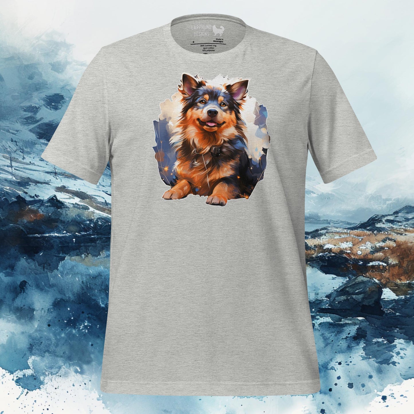 Heather t-shirt featuring a lifelike, vibrant Finnish Lapphund portrait design, perfect for Lapphund enthusiasts.