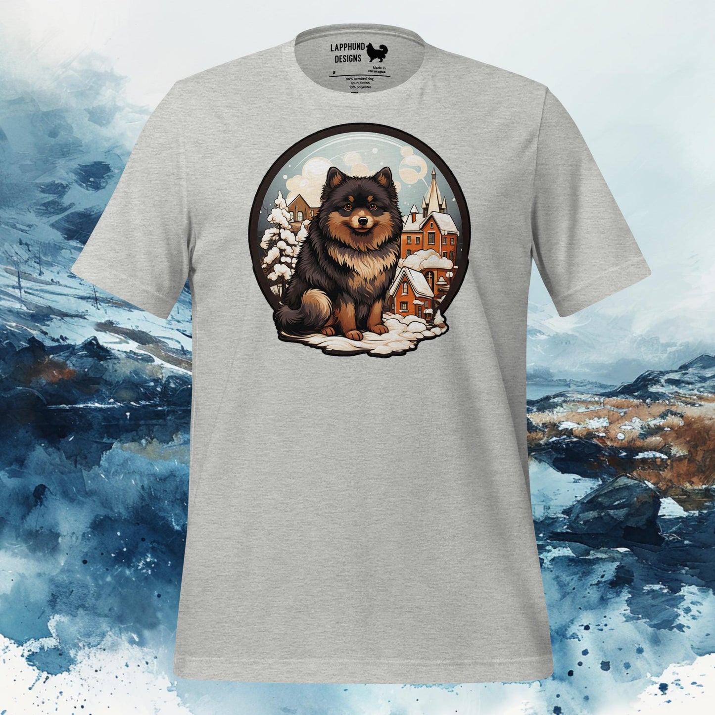 Finnish Lapphund T-Shirt – Winter Village Lappie Illustration