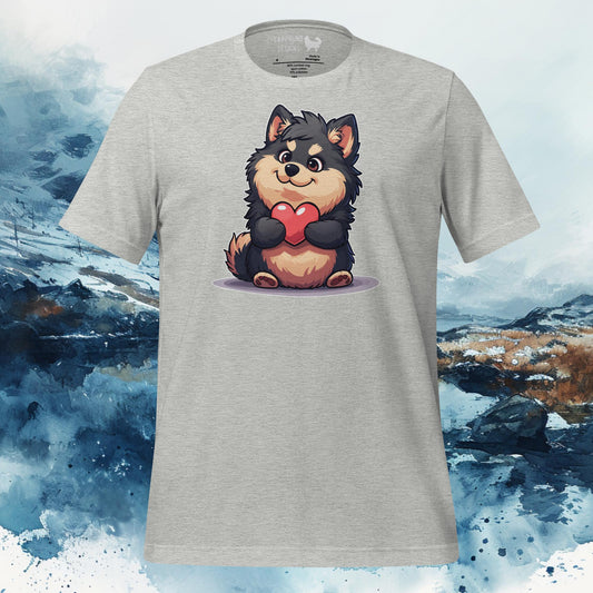 Light grey t-shirt featuring an illustration of a Finnish Lapphund hugging a heart, perfect for Lapphund enthusiasts and dog lovers.