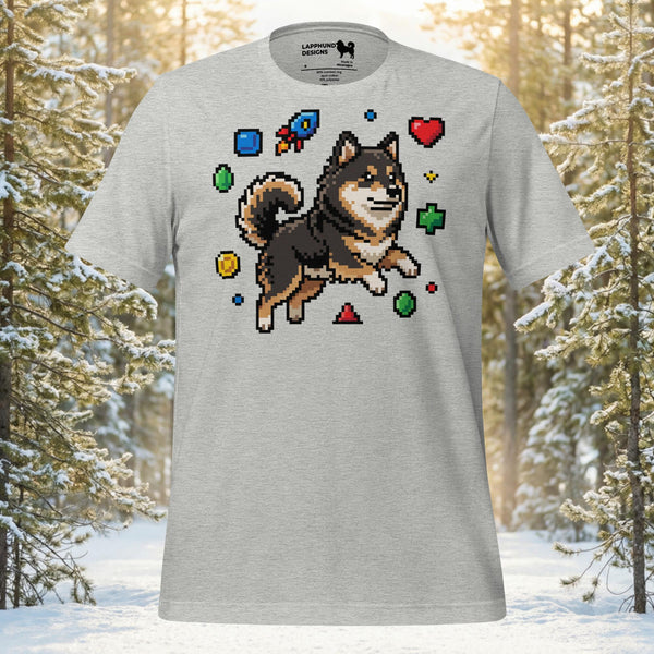 Finnish Lapphund Pixel Jump Game Icon Action Illustration T-Shirt | Lapphund Designs