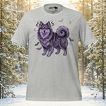 Ethereal Finnish Lapphund silhouette with mystical purple scrollwork, bats, and crescent moons on a premium unisex t-shirt.