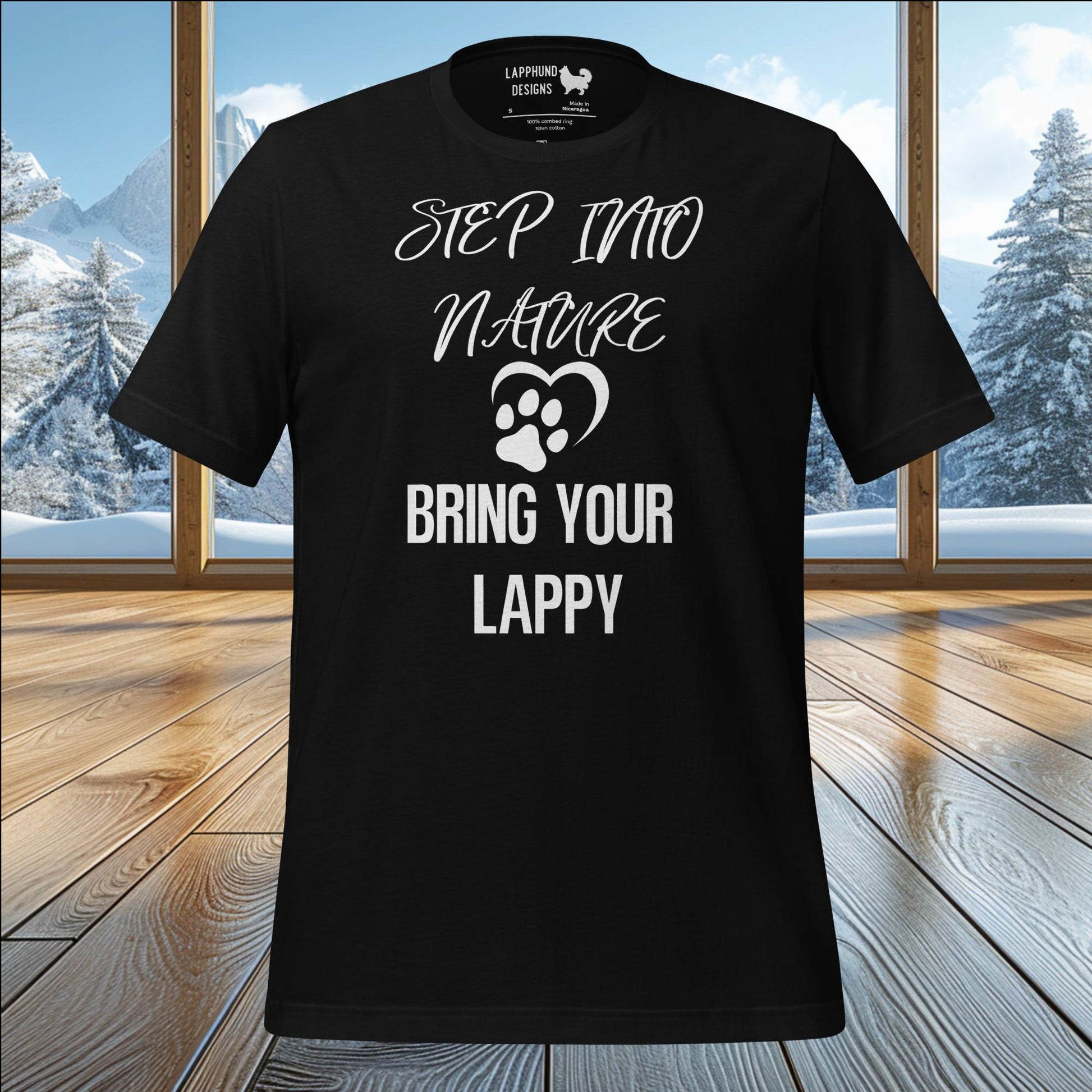 Step Into Nature – Bring Your Lappy t-shirt with paw print heart design, perfect for Lapphund lovers and outdoor enthusiasts.