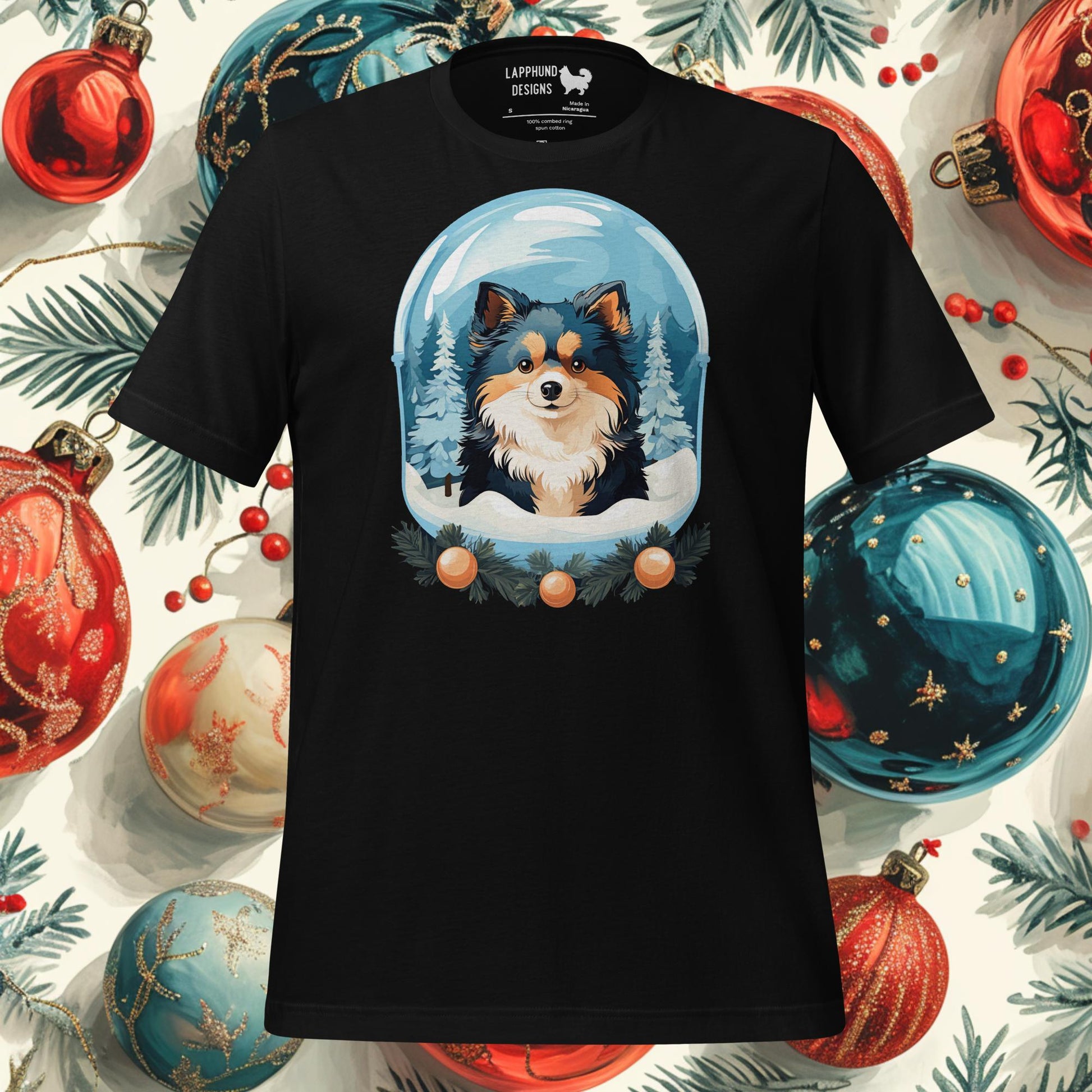 Finnish Lapphund Snow Globe Christmas t-shirt featuring festive design with Lapphund and ornaments, perfect for dog lovers.