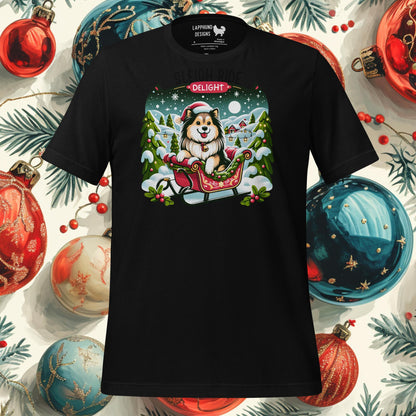 Christmas t-shirt featuring a Finnish Lapphund in a sleigh ride design with snowy trees and festive decorations.