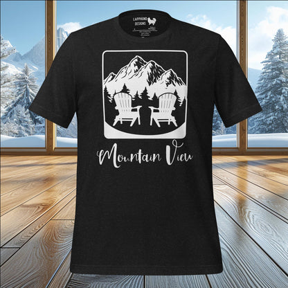 Mountain View t-shirt featuring two Adirondack chairs and a scenic mountain backdrop, perfect for nature lovers and outdoor enthusiasts.