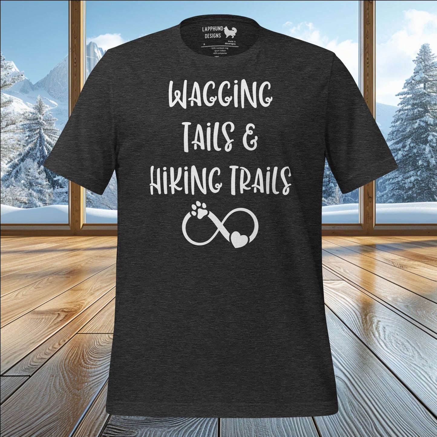 Wagging Tails & Hiking Trails t-shirt featuring infinity paw print and heart design, perfect for dog lovers and outdoor adventurers.