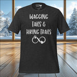 Wagging Tails & Hiking Trails t-shirt featuring infinity paw print and heart design, perfect for dog lovers and outdoor adventurers.