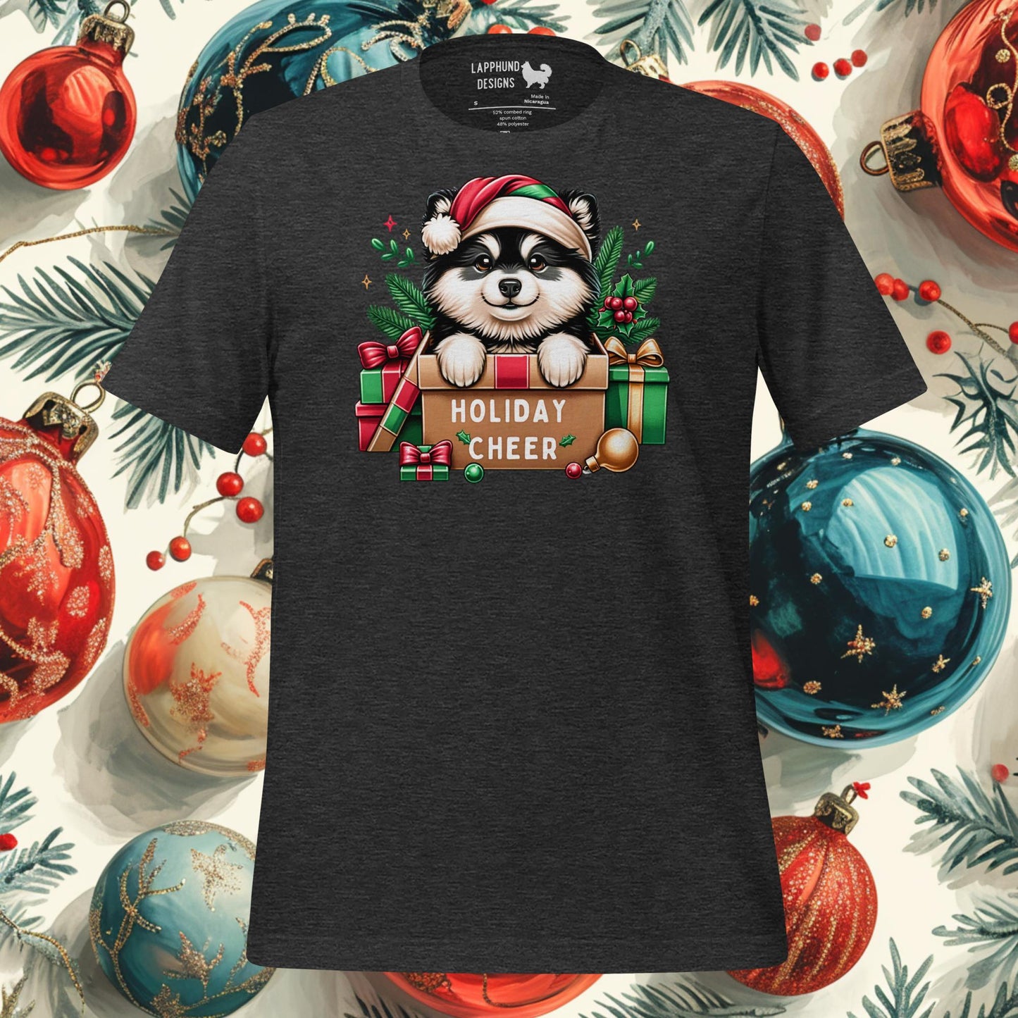 Holiday Cheer Finnish Lapphund Christmas t-shirt featuring festive box design with Santa hat and holly, perfect for dog lovers.