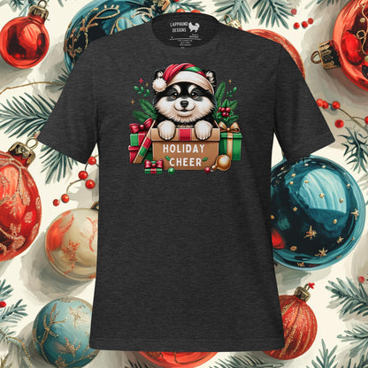 Holiday Cheer Finnish Lapphund Christmas t-shirt featuring festive box design with Santa hat and holly, perfect for dog lovers.