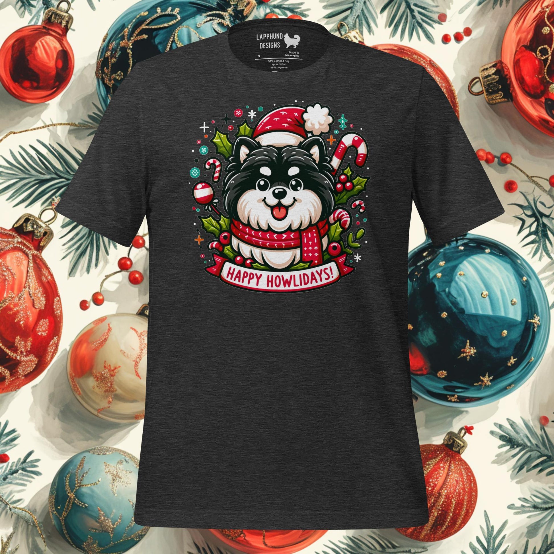 Happy Howlidays Finnish Lapphund Christmas t-shirt featuring a festive design with candy canes and Christmas wreaths.