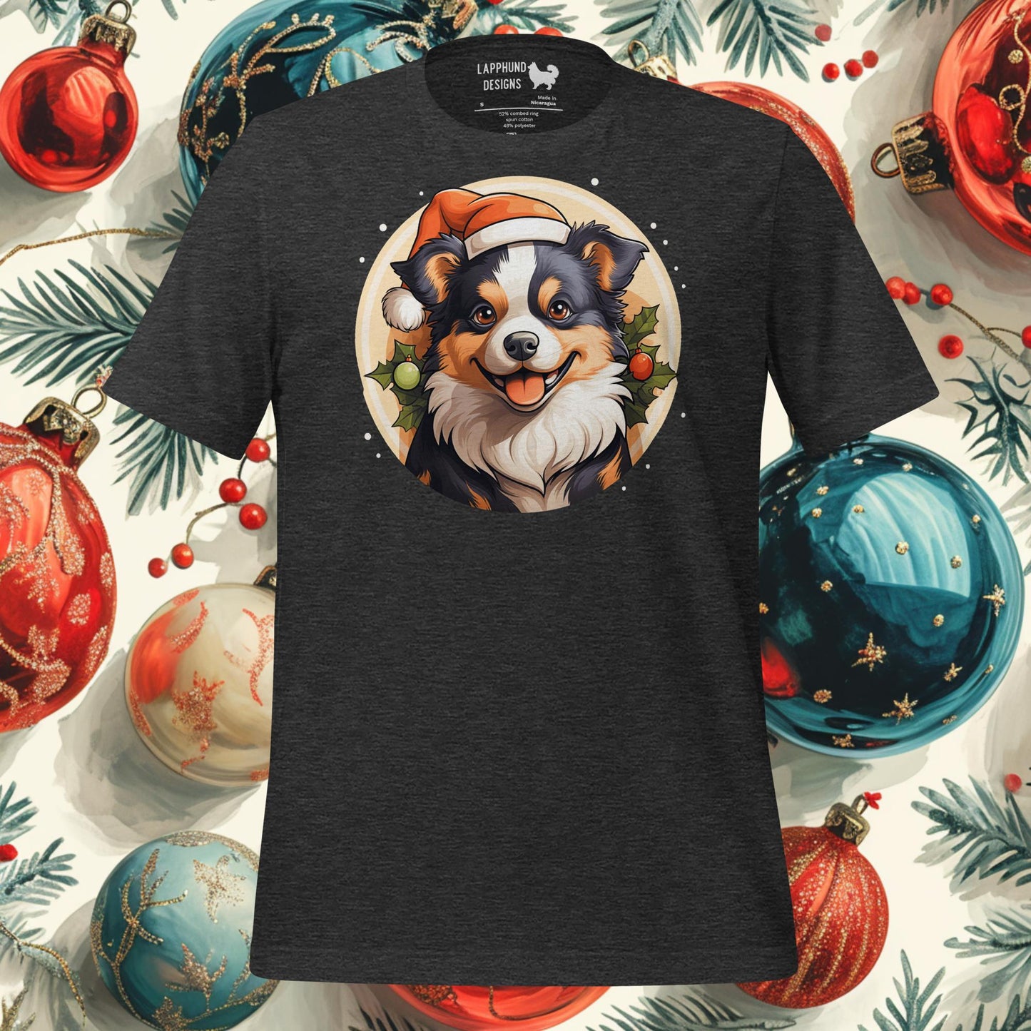 Jolly Lapphund Christmas t-shirt featuring a festive Finnish Lapphund with a Santa hat, perfect for holiday celebrations.