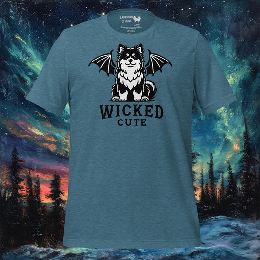 Teal t-shirt featuring a Finnish Lapphund with bat wings and 'Wicked Cute' text, perfect for Halloween and dog lovers