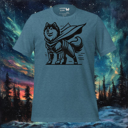 Teal t-shirt featuring a Finnish Lapphund in a superhero cape, perfect for Halloween and dog lovers.