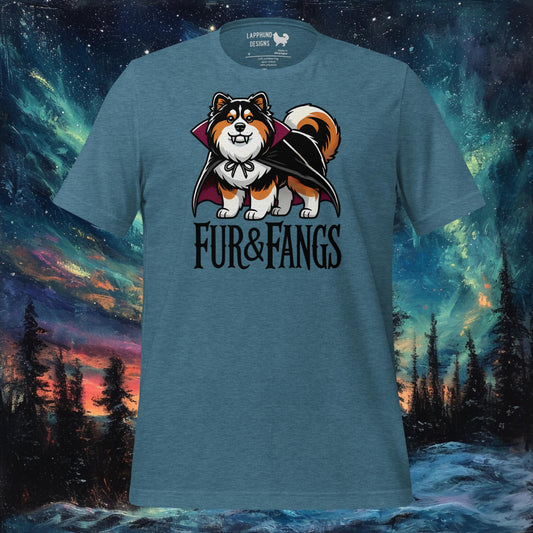 Teal t-shirt featuring a Finnish Lapphund in a vampire cape with 'Fur & Fangs' text, perfect for Halloween and dog lovers.