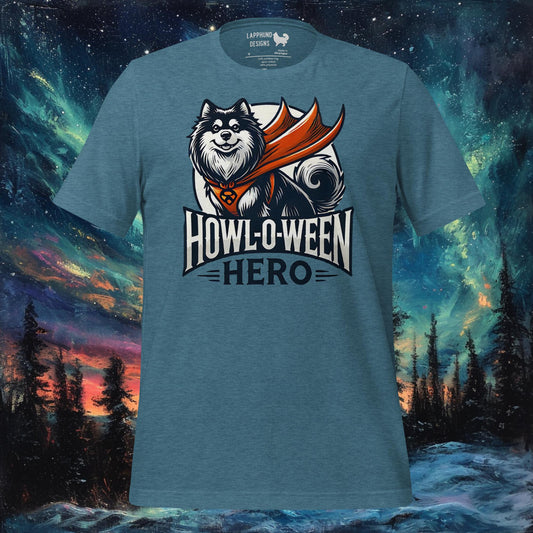 Teal t-shirt featuring a Finnish Lapphund in a superhero cape with 'Howl-O-Ween Hero' text, perfect for Halloween and dog lovers.