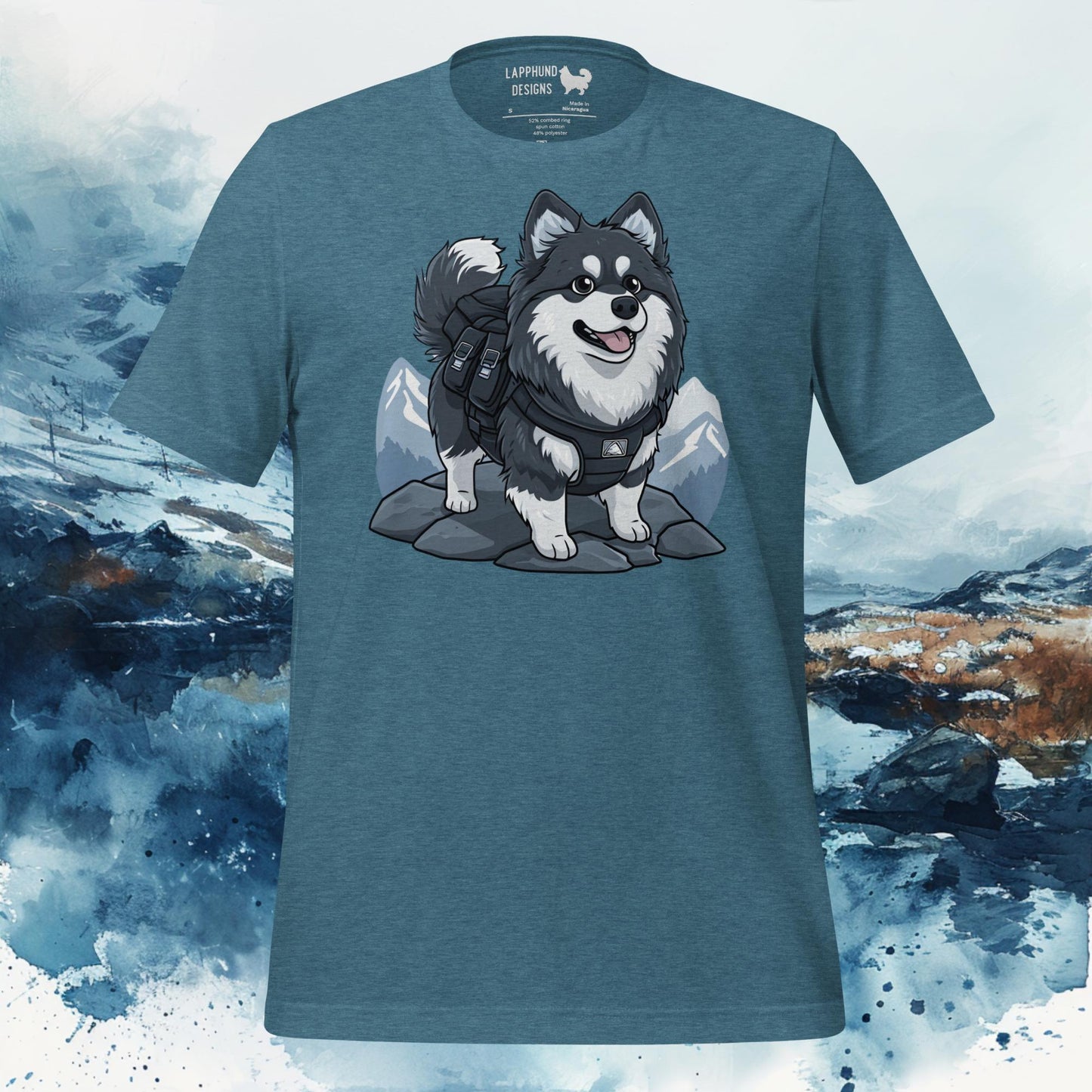 Outdoor Adventurer Lapphund T-Shirt – Finnish Lapphund Mountain Hike Design