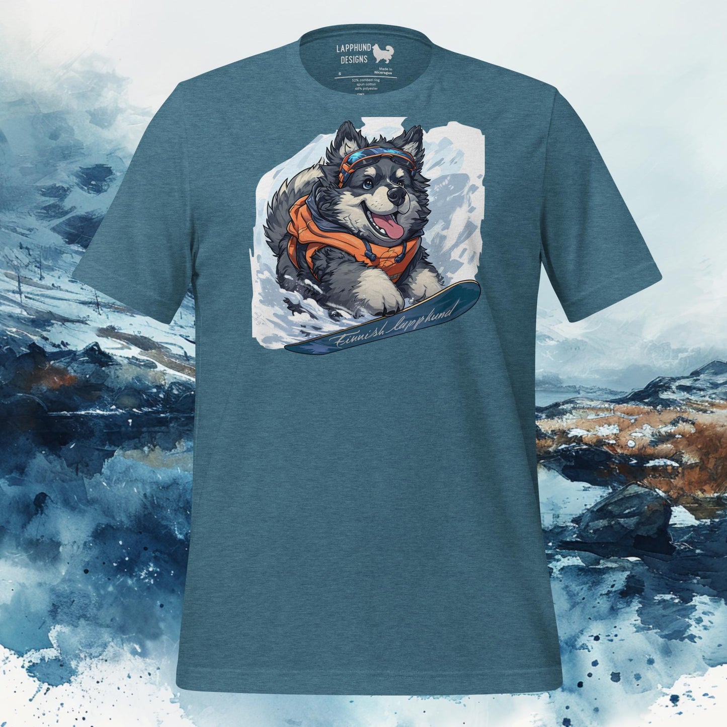 Snowy Explorer Lapphund T-Shirt – Finnish Lapphund Snowboarding Adventure Design