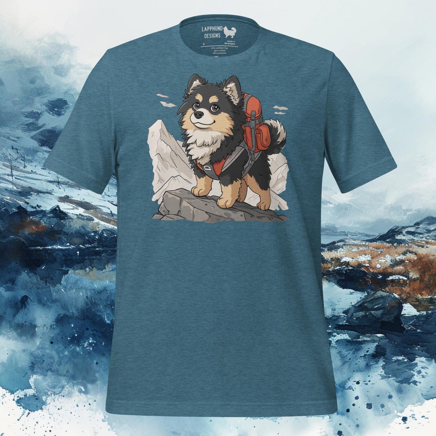 Teal t-shirt featuring a Finnish Lapphund with a red backpack standing on rocky terrain with mountains in the background, perfect for outdoor-loving dog owners.